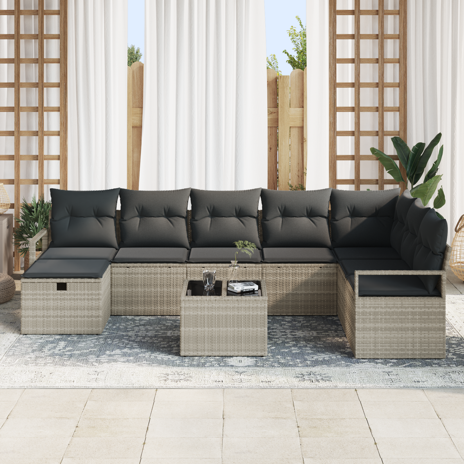 vidaXL 9-delige tuinsofaset met kussens in lichtgrijs poly rattan