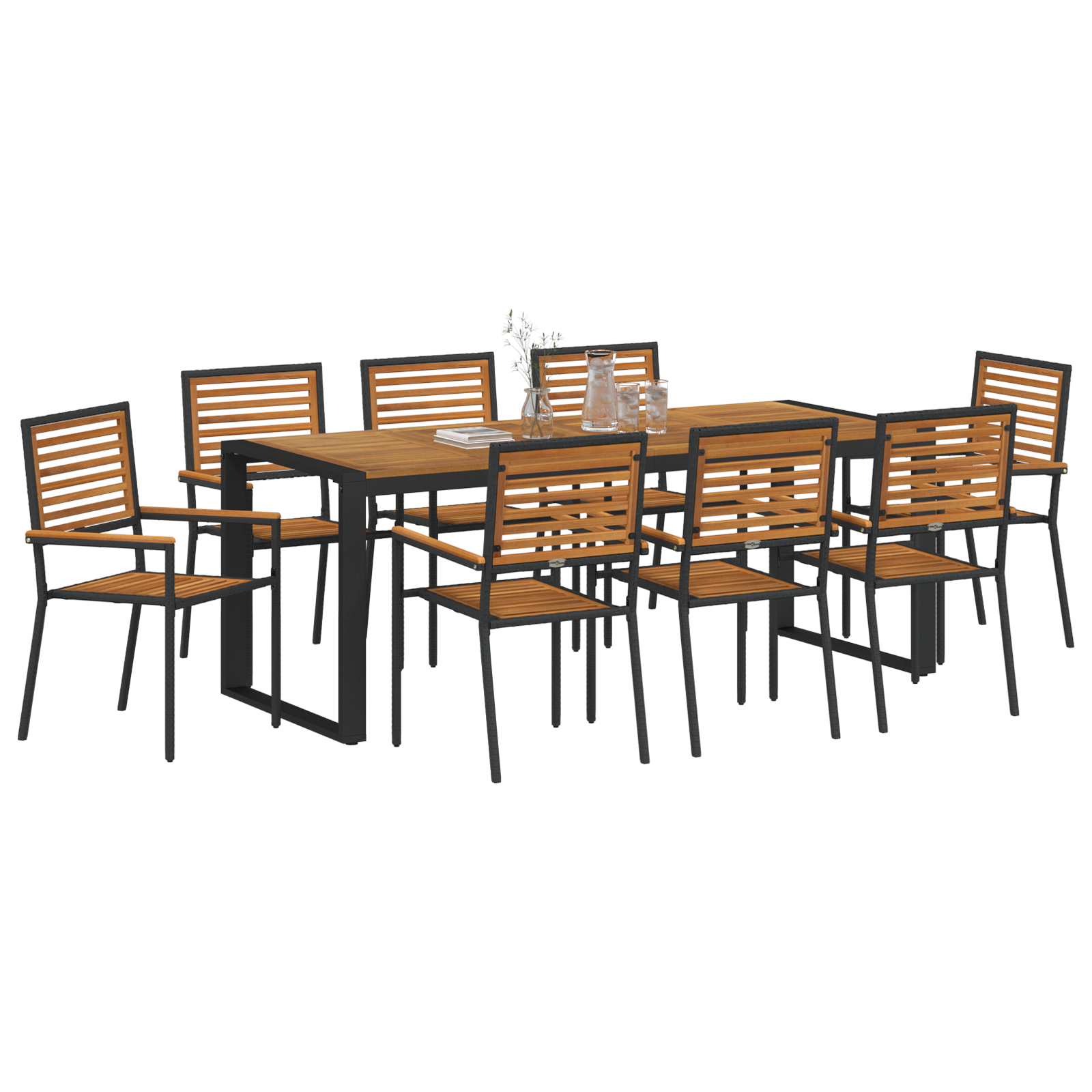 vidaXL 9-delige Tuin Eettafelset Zwart Poly Riet Acacia