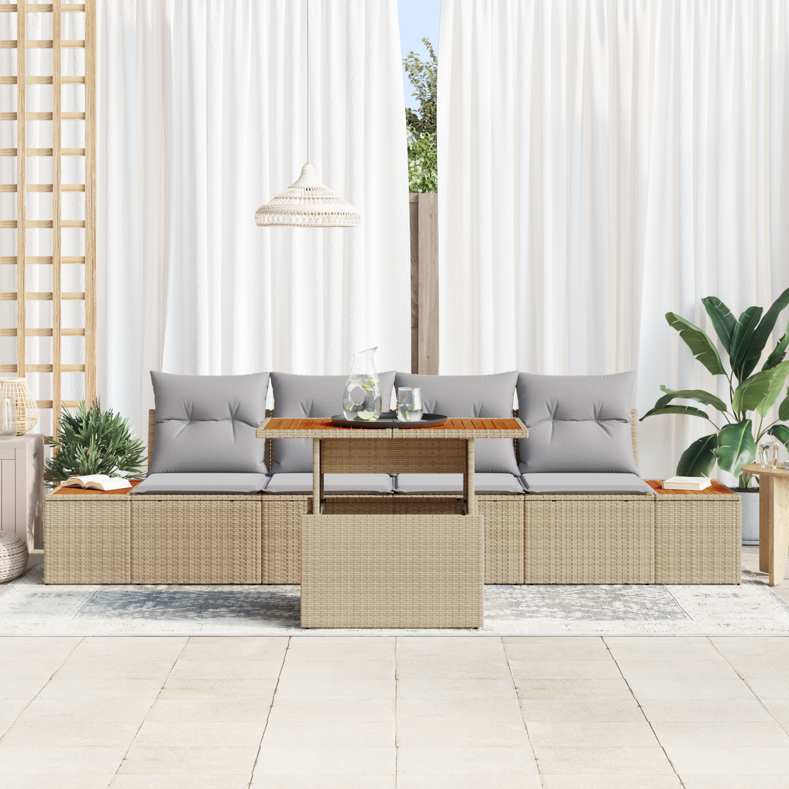 vidaXL 5-delige Tuinset met kussens poly rattan acaciahout beige