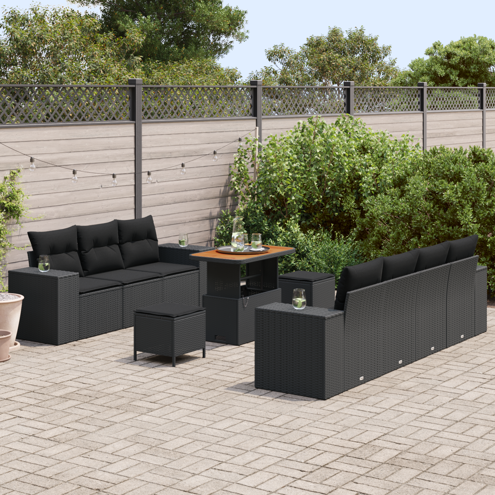 vidaXL 10-delige Tuinbankenset met kussens poly rattan acacia zwart