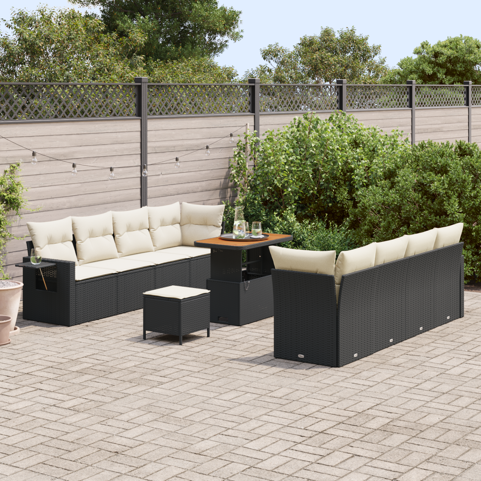 vidaXL 11-delige tuinbankset met kussens zwart poly rattan acacia