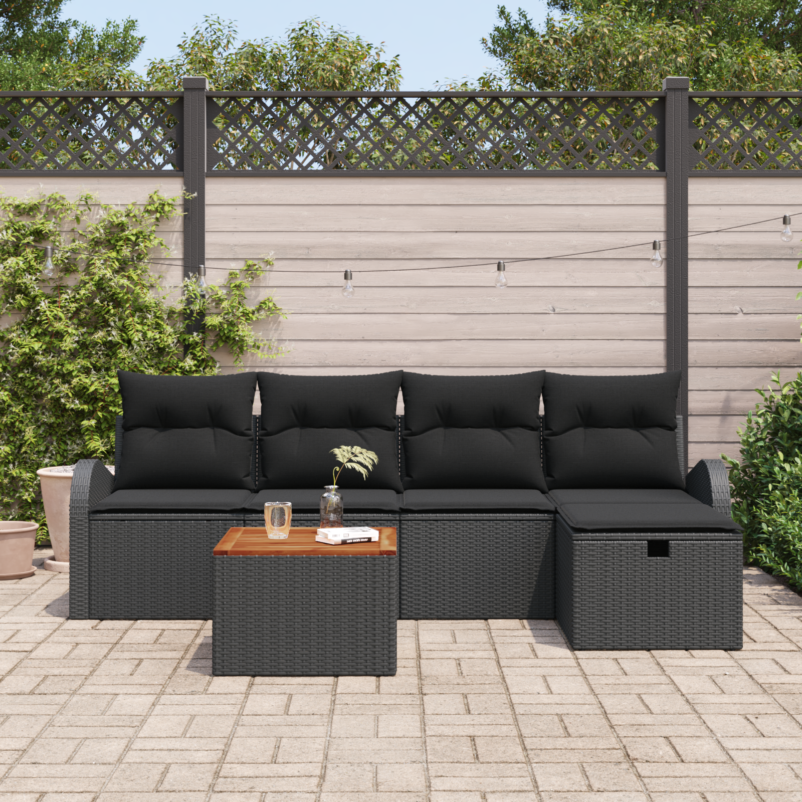 vidaXL 6-delige Tuinbankenset met kussens poly rattan zwart