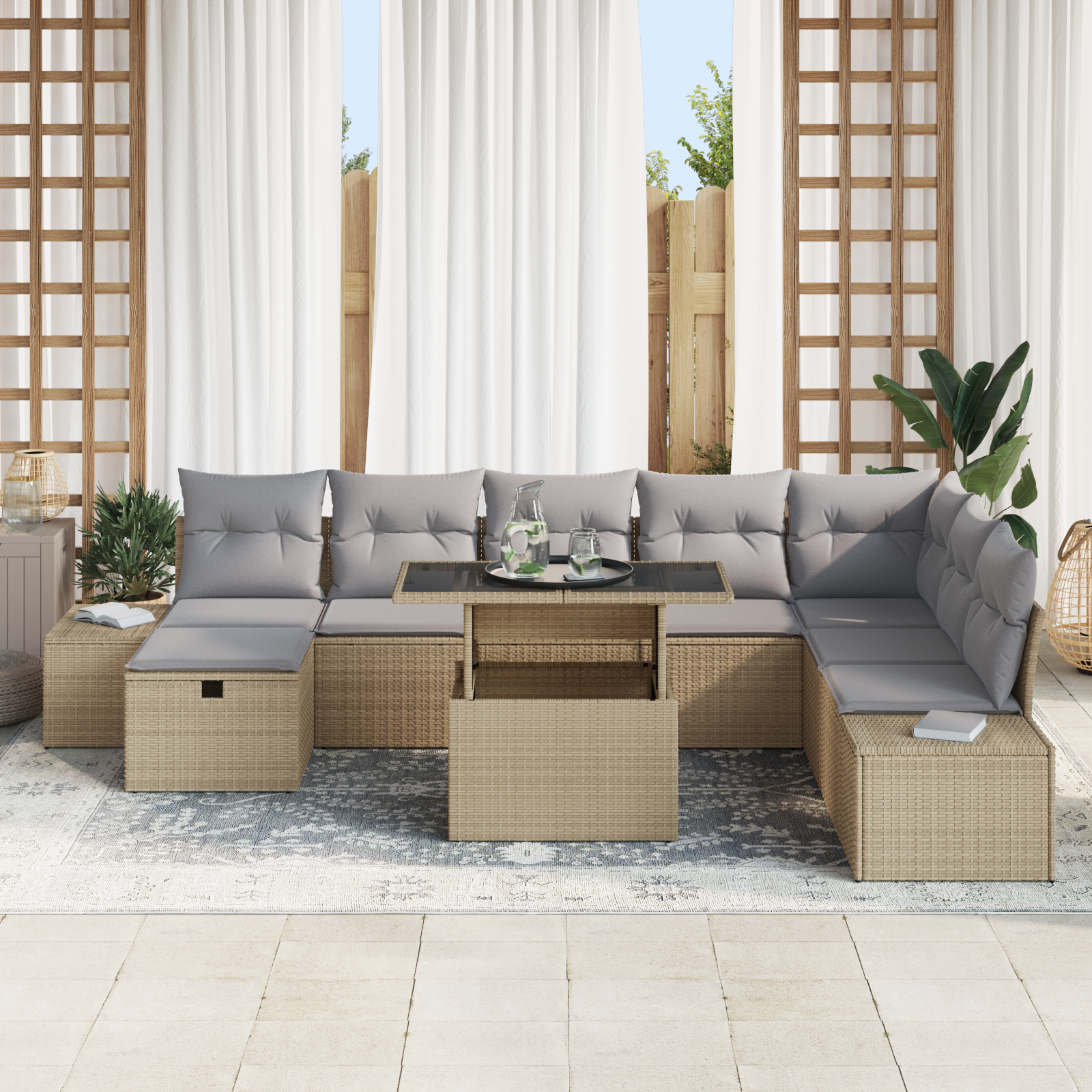 vidaXL 9-delige Tuinbankenset met kussens poly rattan beige
