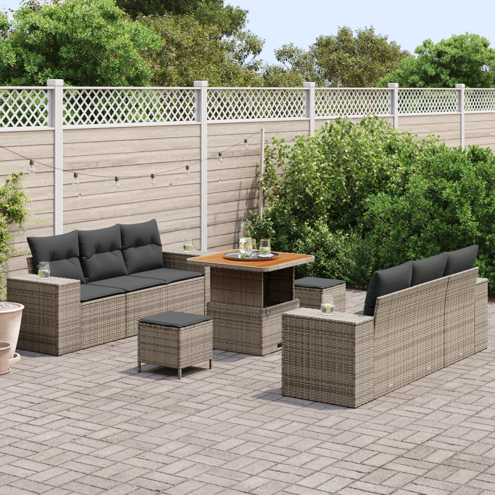 vidaXL 9-delige Tuinbankenset met kussens poly rattan acacia grijs