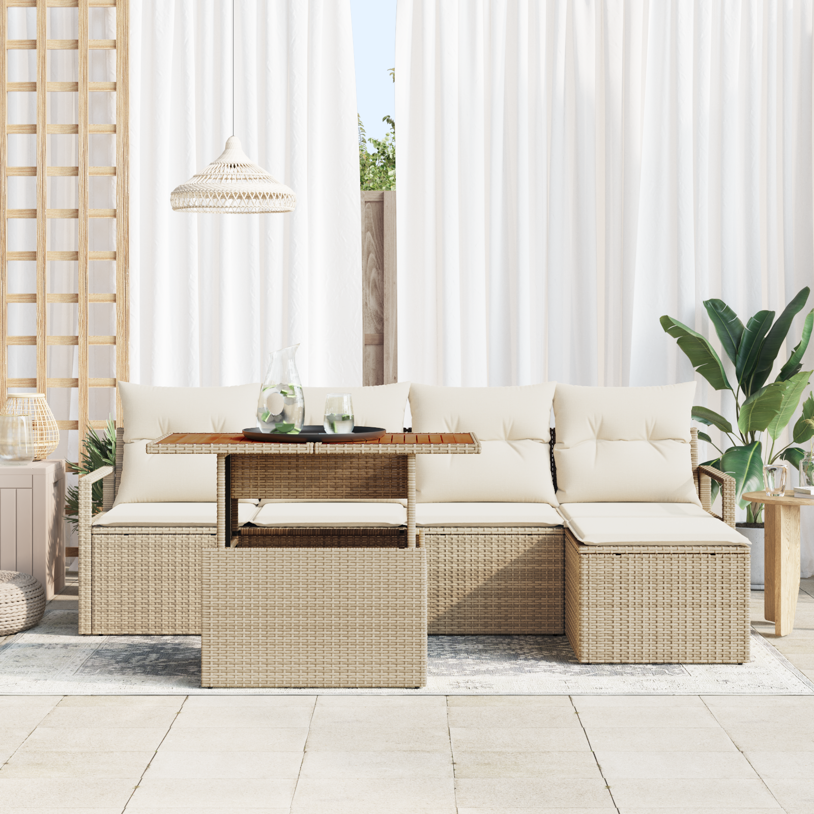 vidaXL 6-delige Tuinbankenset met kussens poly rattan acacia beige