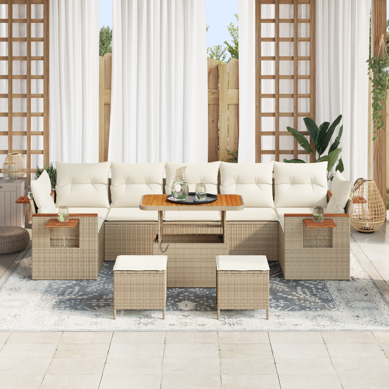 vidaXL 10-delig tuinset met kussens in beige poly rattan en acacia