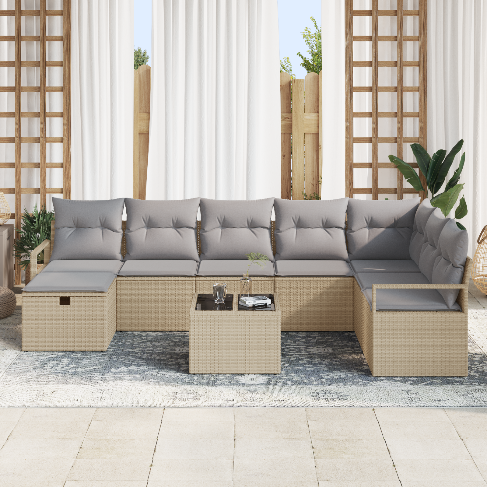vidaXL 9-delige tuinbankset met kussens in beige poly rattan