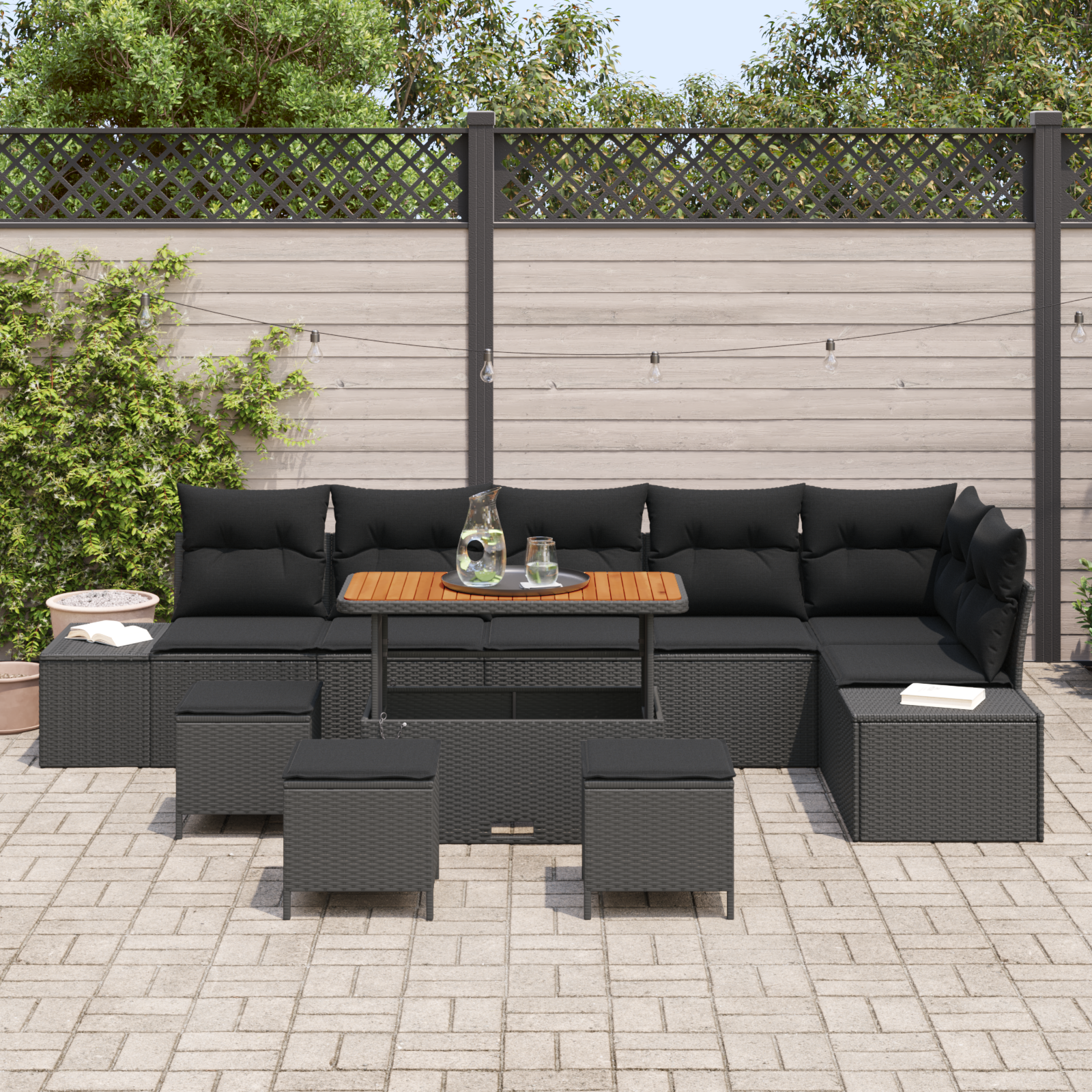 vidaXL 10-delige tuinset met kussens zwart poly rattan acacia