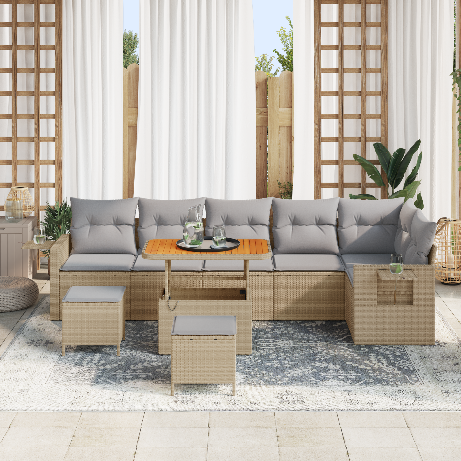 vidaXL 9-delige Tuinbankenset met kussens poly rattan acacia beige