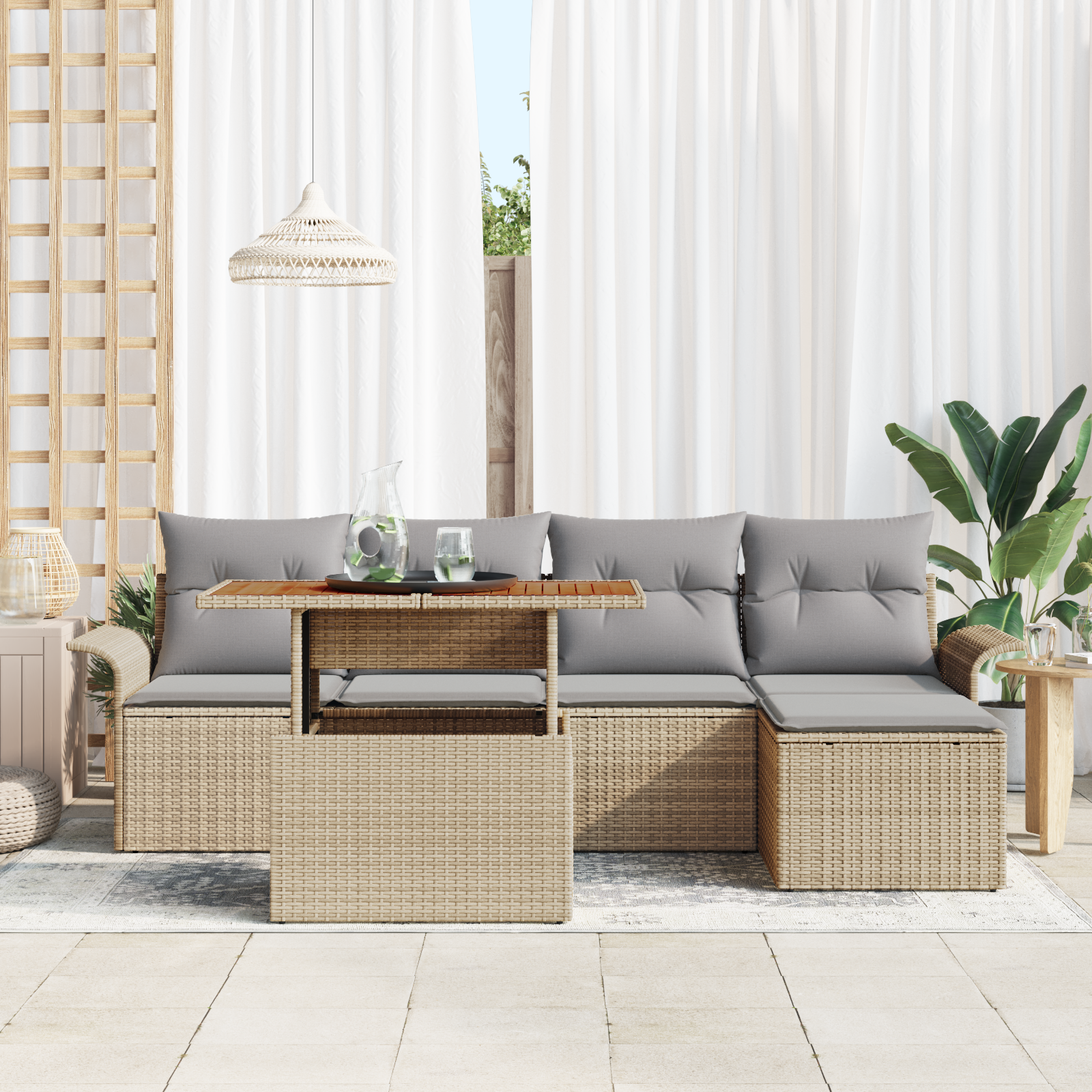 vidaXL 6-delige Tuinset met kussens poly rattan acaciahout beige