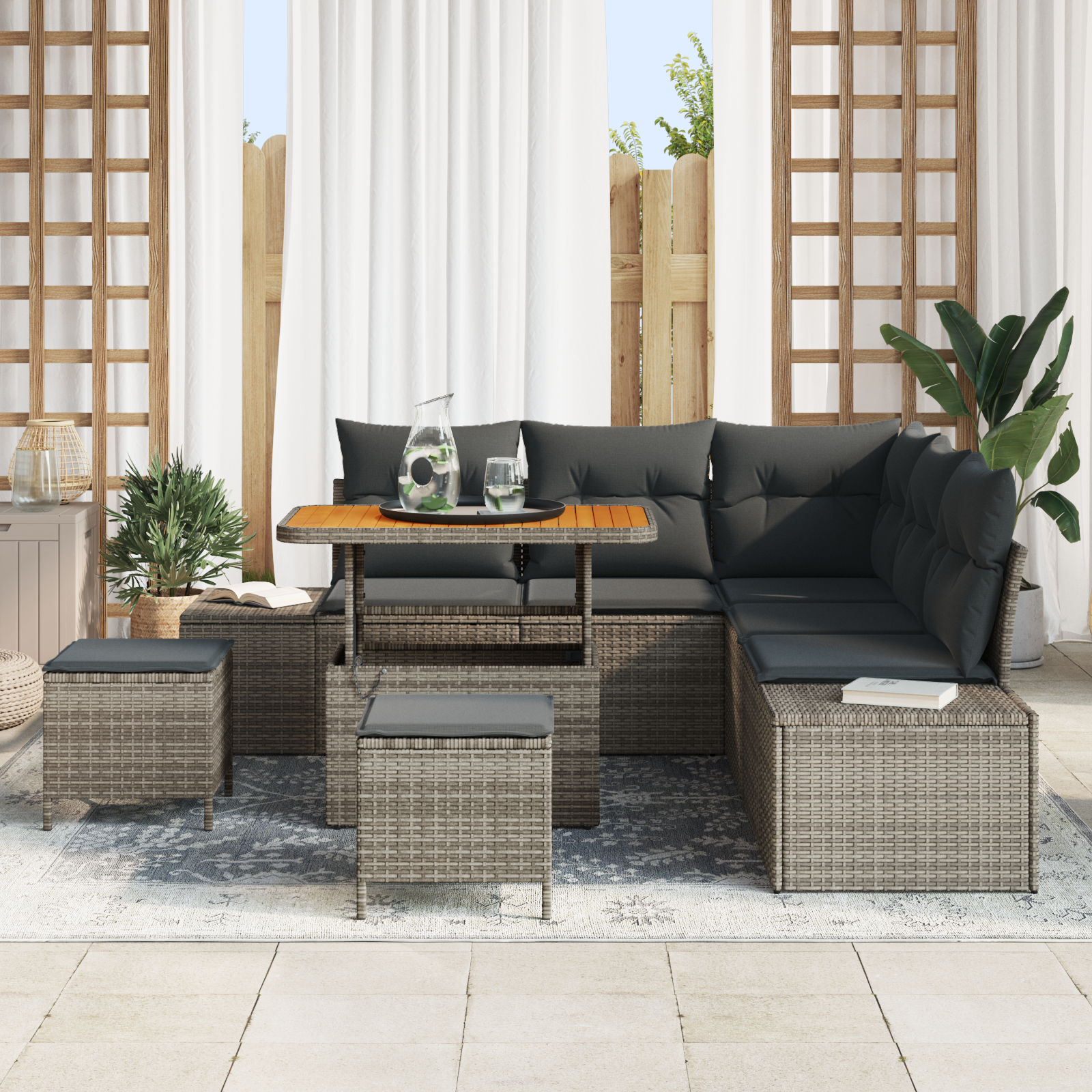vidaXL 8-delige Tuin Sofa Set met Kussens Grijs Poly Rattan Acacia