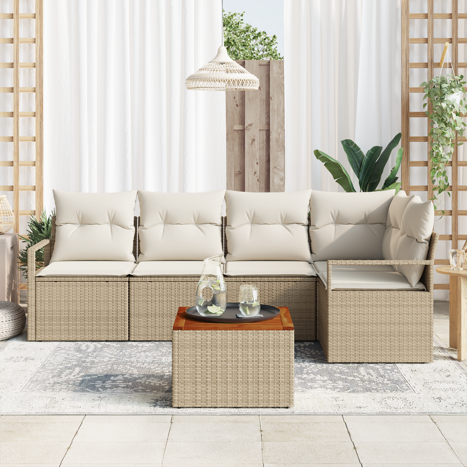 vidaXL 6-delige tuinset met kussens Beige van Poly Rattan en Acacia