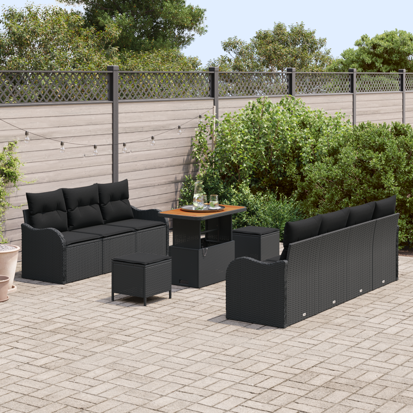 vidaXL 10-delige Tuinbankenset met kussens poly rattan acacia zwart