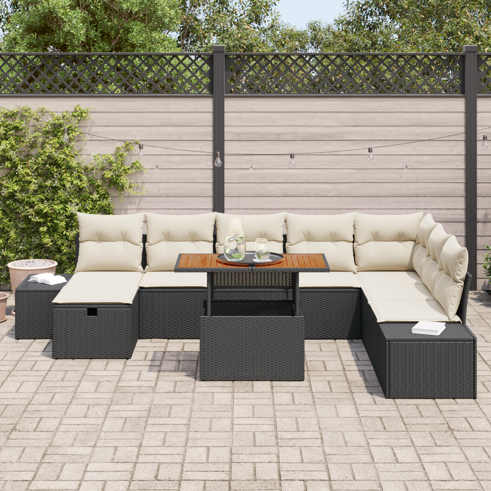 vidaXL 9-delige Tuin Eetset met Kussens - Zwart Poly Rattan en Acacia
