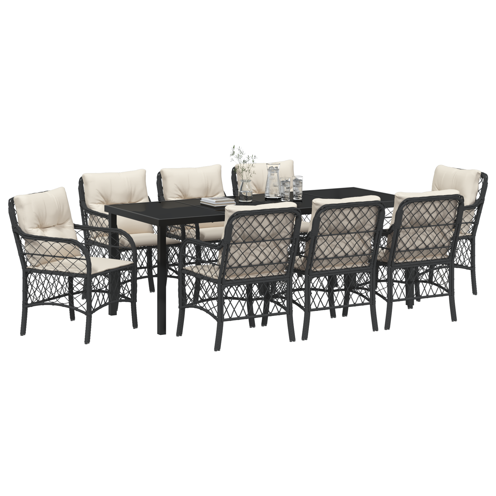vidaXL 9-delige tuin eetset met kussens zwart poly rattan