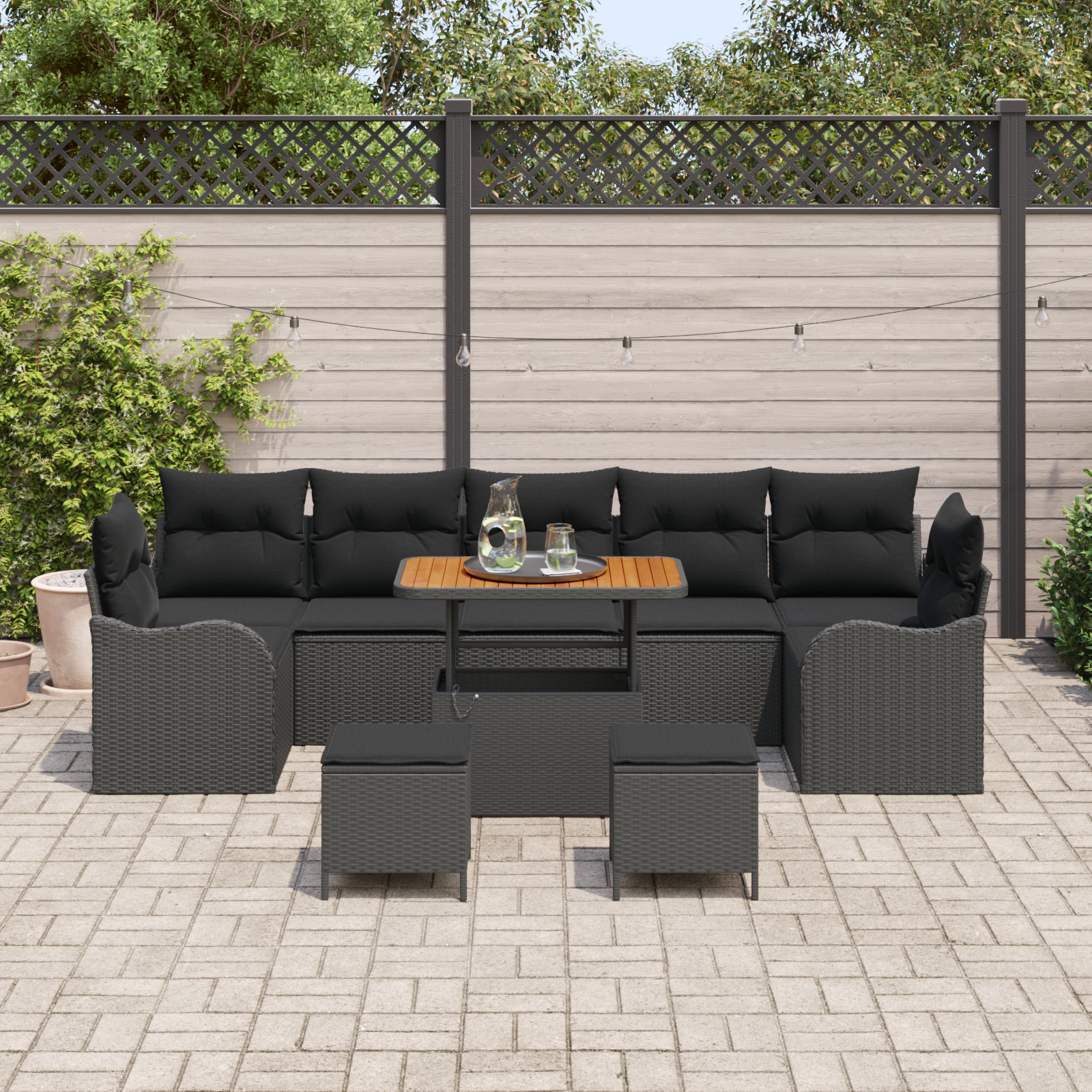 vidaXL 10-delige tuinbankset met kussens - zwart poly rattan en acacia