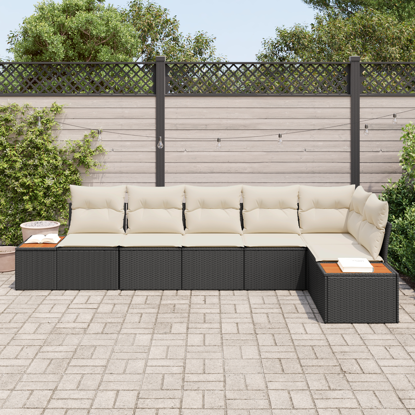 vidaXL 6-delige Tuinbank Set met Kussens in Zwart Poly Rattan