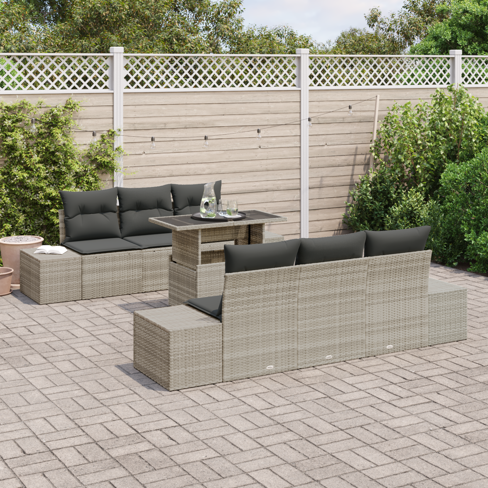 vidaXL 7-delige Tuinbankenset met kussens poly rattan lichtgrijs