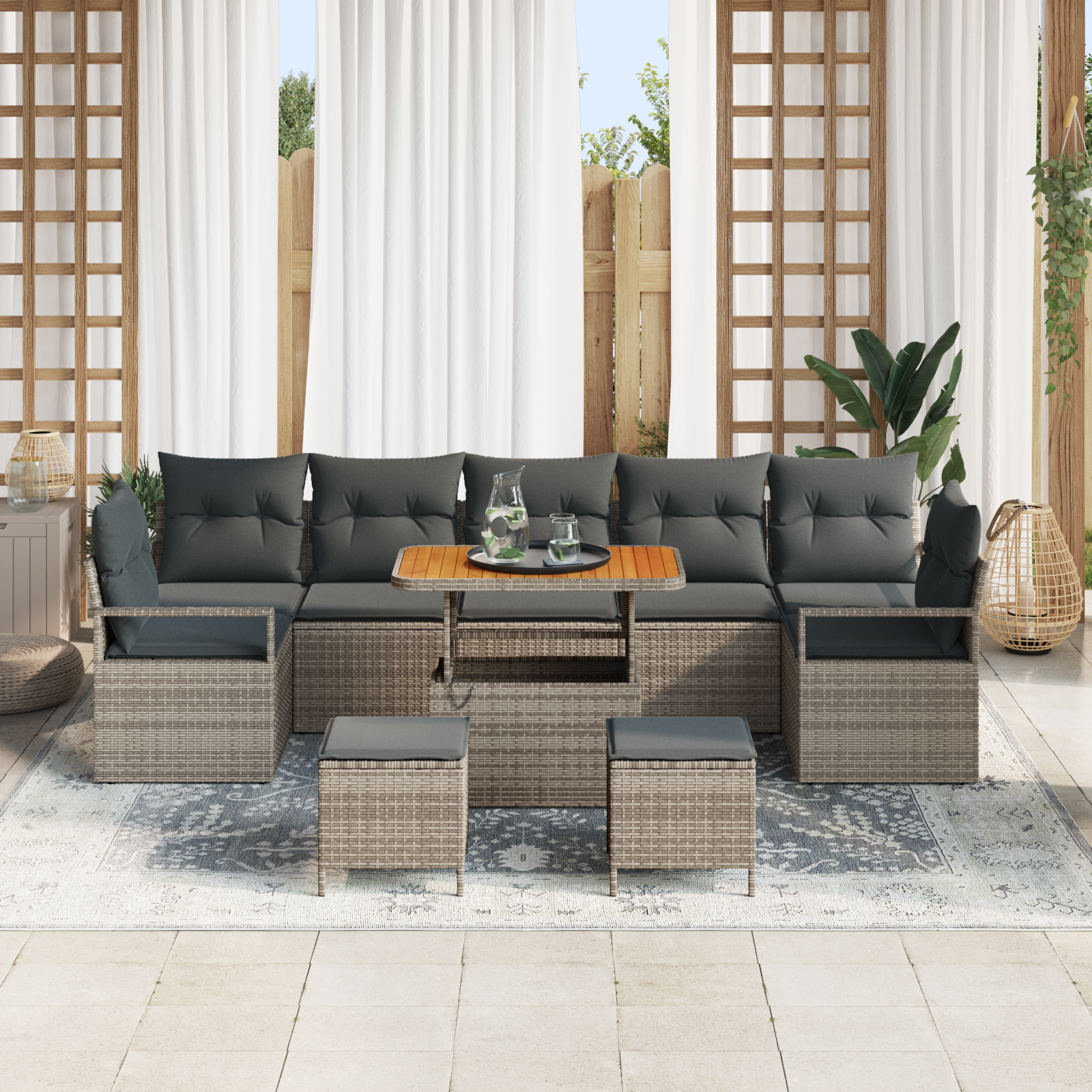 vidaXL 10-delige Tuinbankenset met kussens poly rattan acacia grijs
