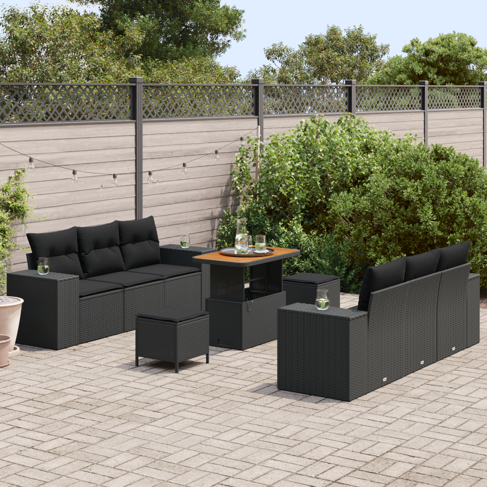 vidaXL 9-delige Tuinbankenset met kussens poly rattan acacia zwart