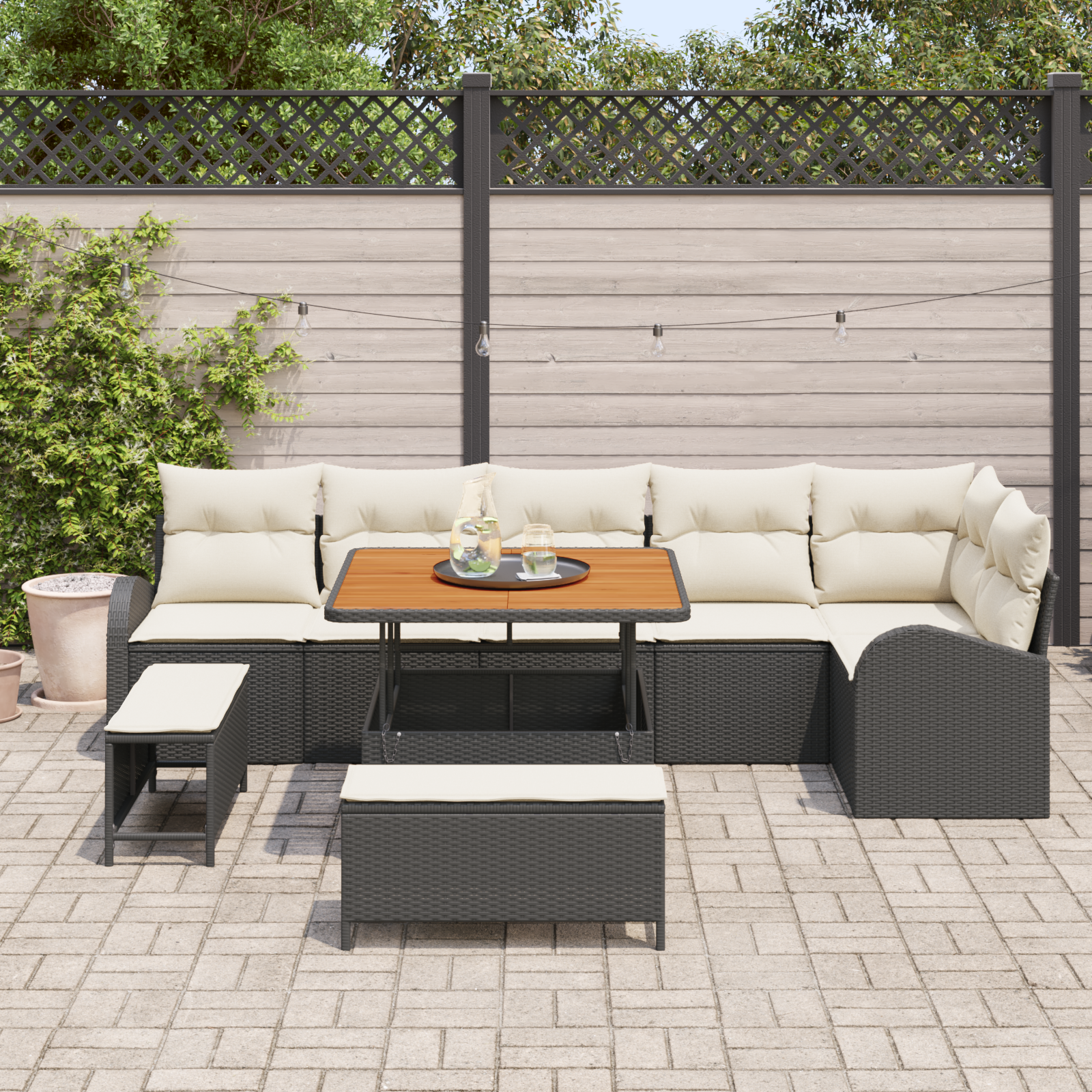 vidaXL 9-delige ligbedset met kussens zwart poly rattan acacia