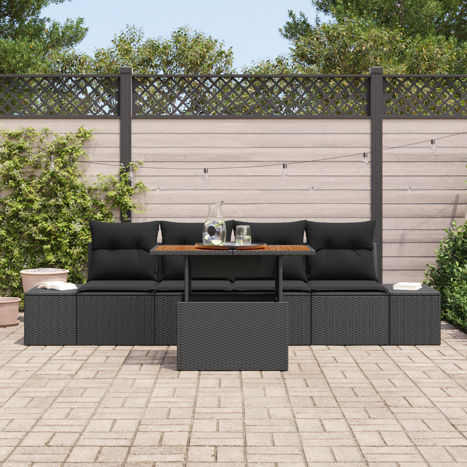vidaXL 5-delige Tuinbankenset met kussens poly rattan zwart