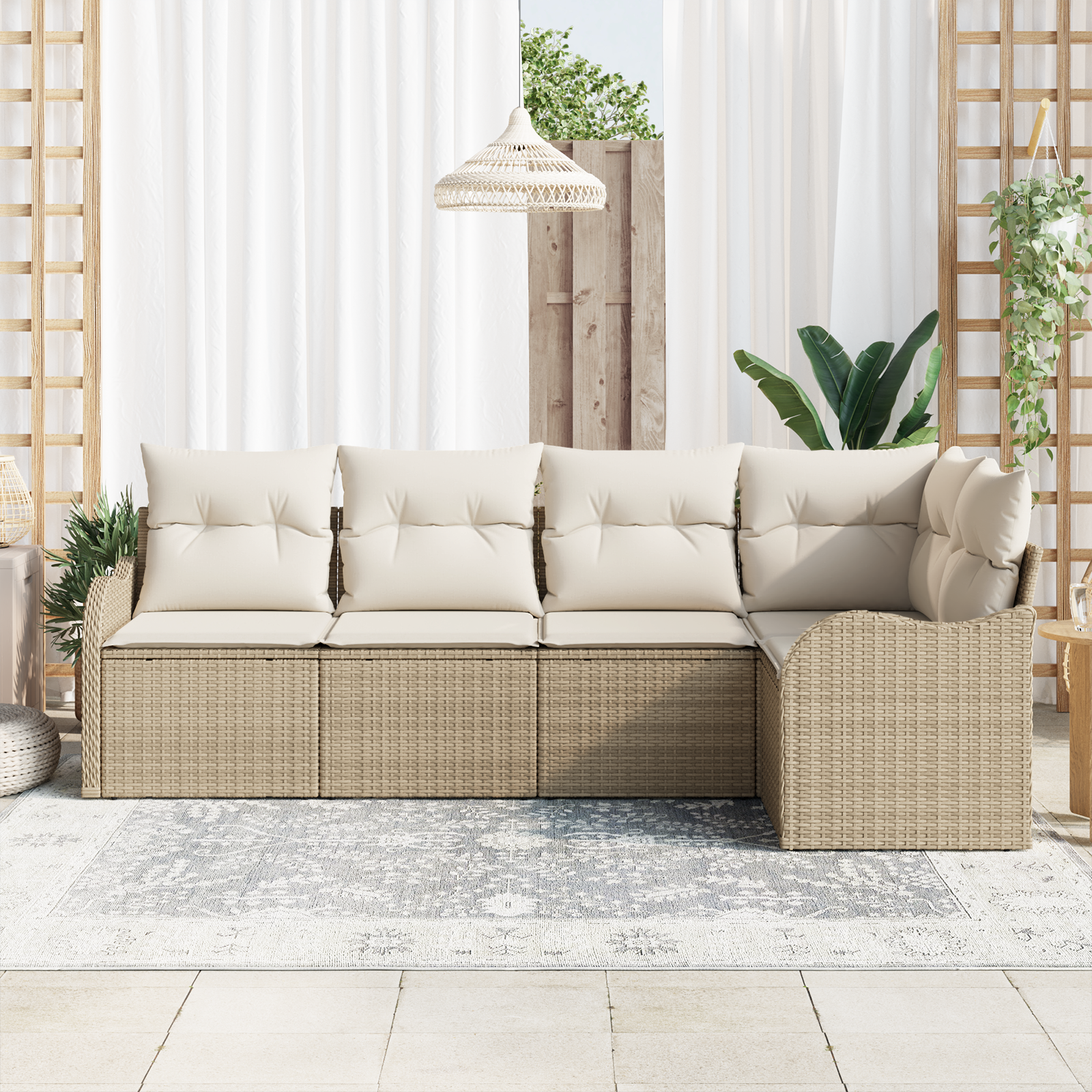 vidaXL 5-delige tuinset met kussens in beige poly rattan