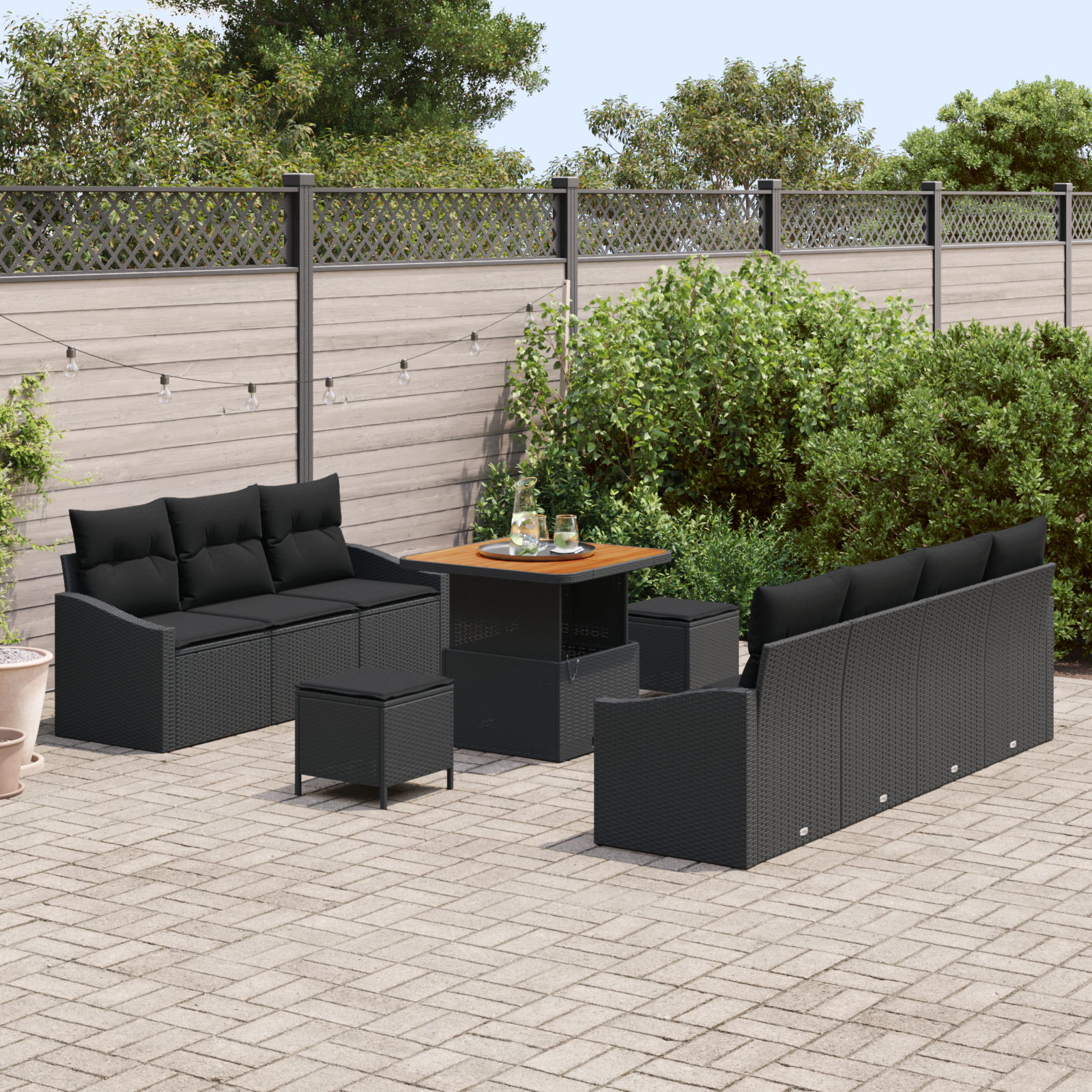 vidaXL 10-delige tuinset met kussens zwart poly rattan acacia