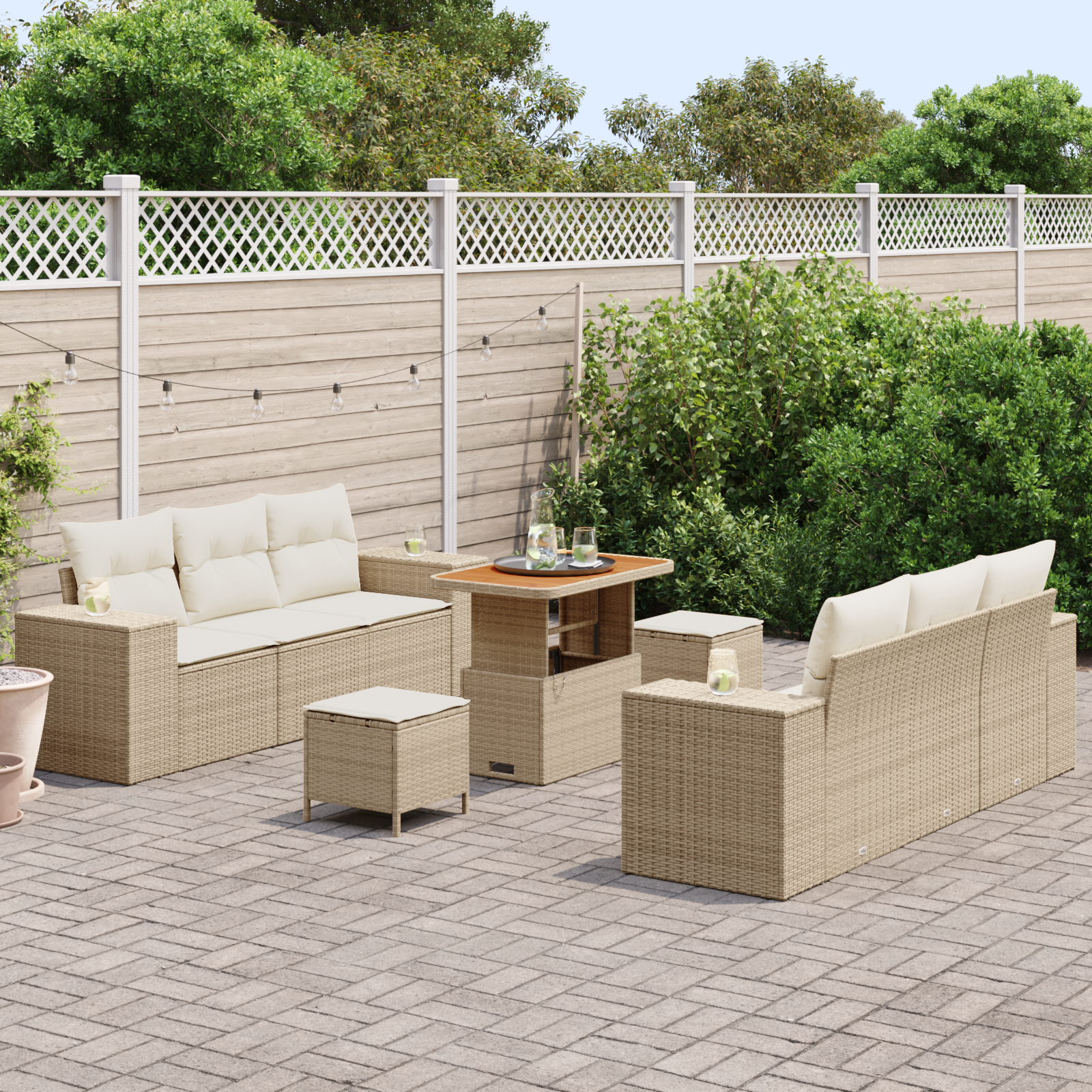 vidaXL 9-delige Tuinbankenset met kussens poly rattan acacia beige