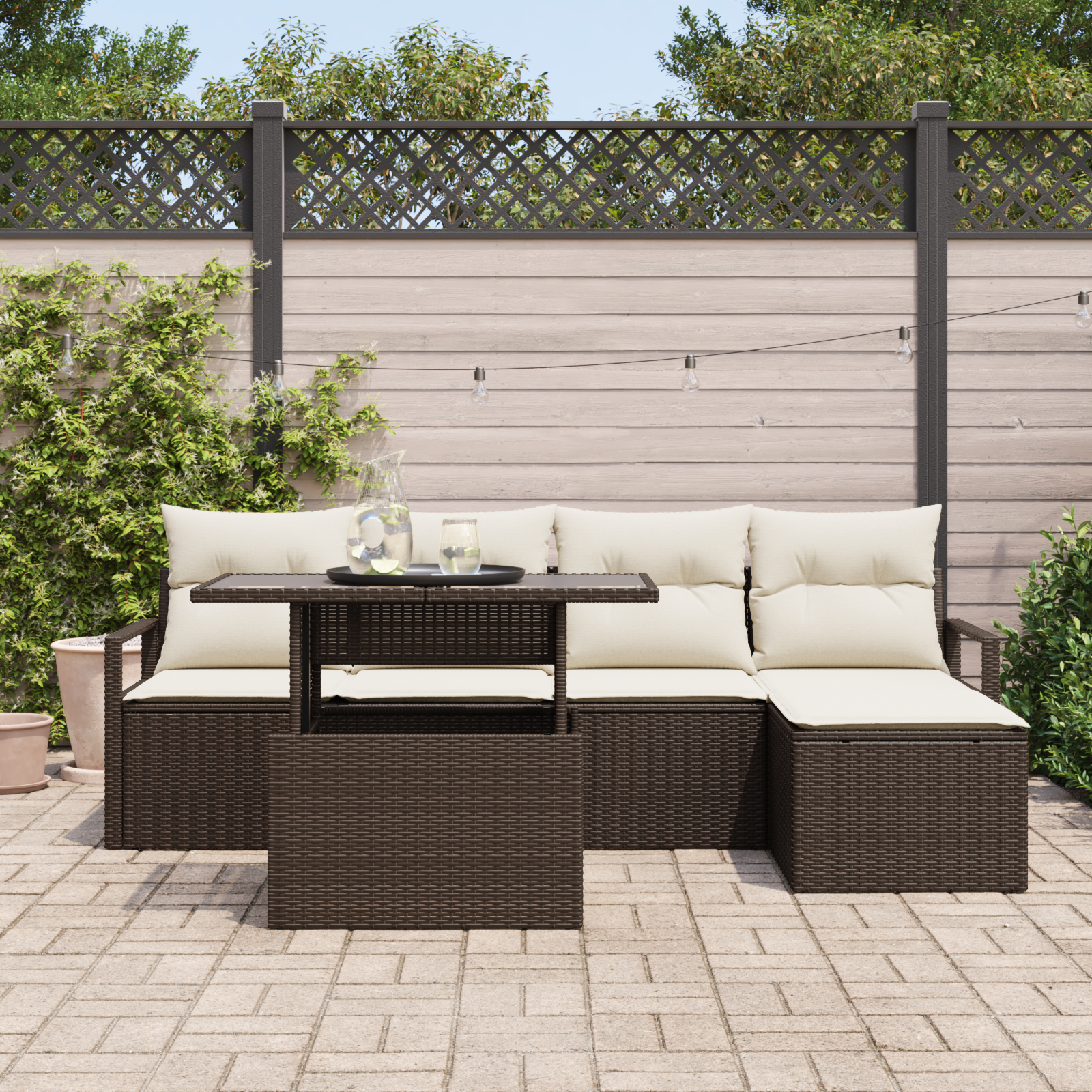 vidaXL 6-delige Tuinbankenset met kussens poly rattan bruin