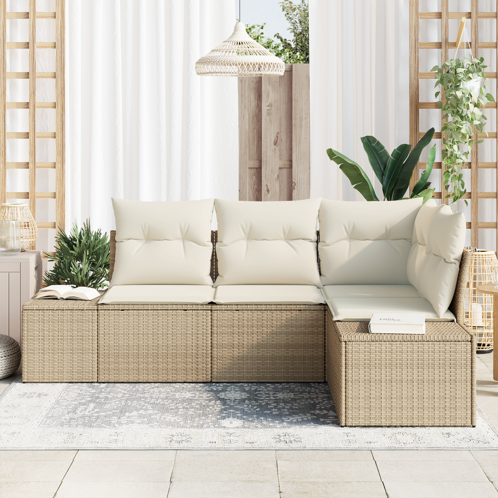 vidaXL 4-delige Tuinbankenset met kussens poly rattan beige