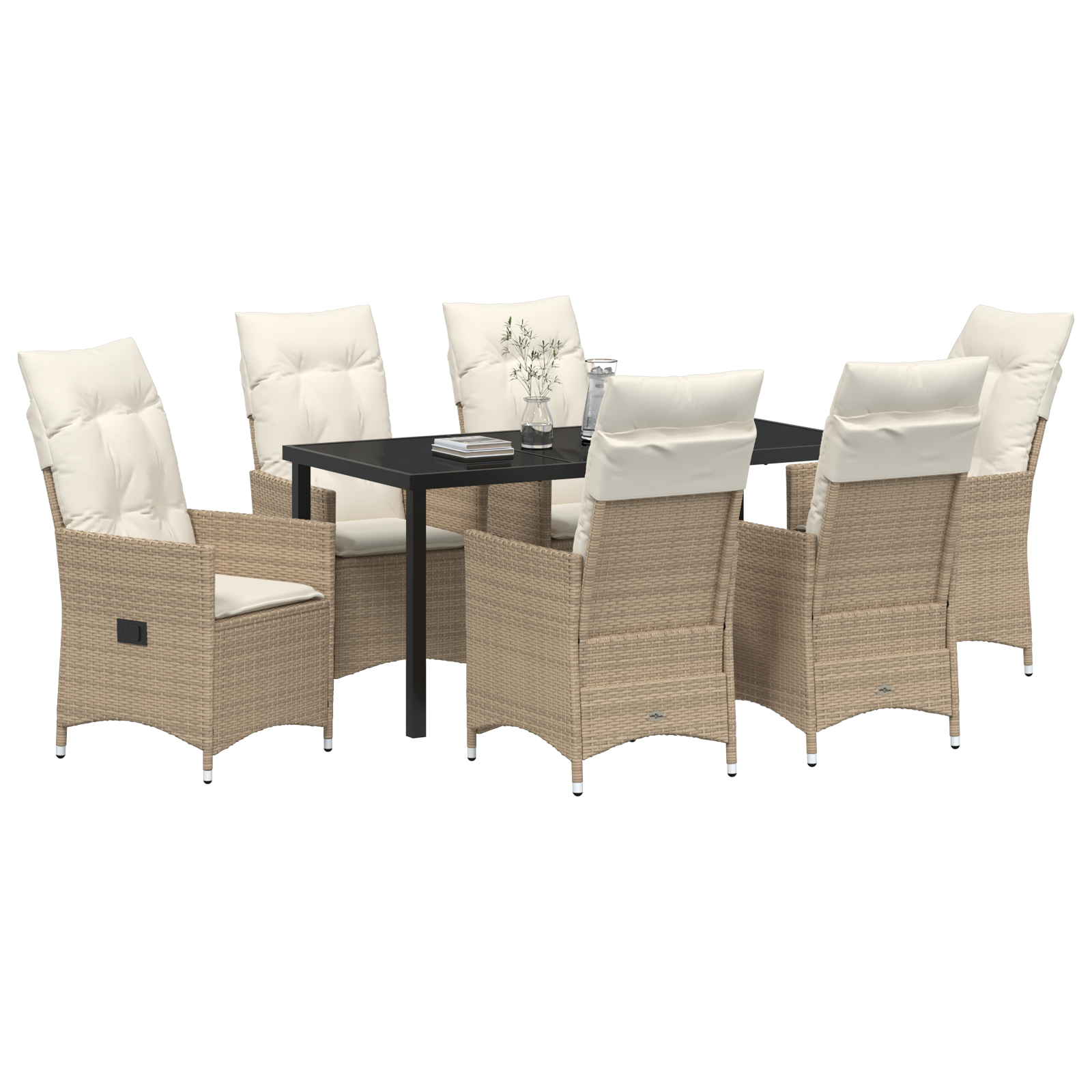 vidaXL 7-delige Eettafelset voor in de Tuin met Kussens, Beige Poly Rattan