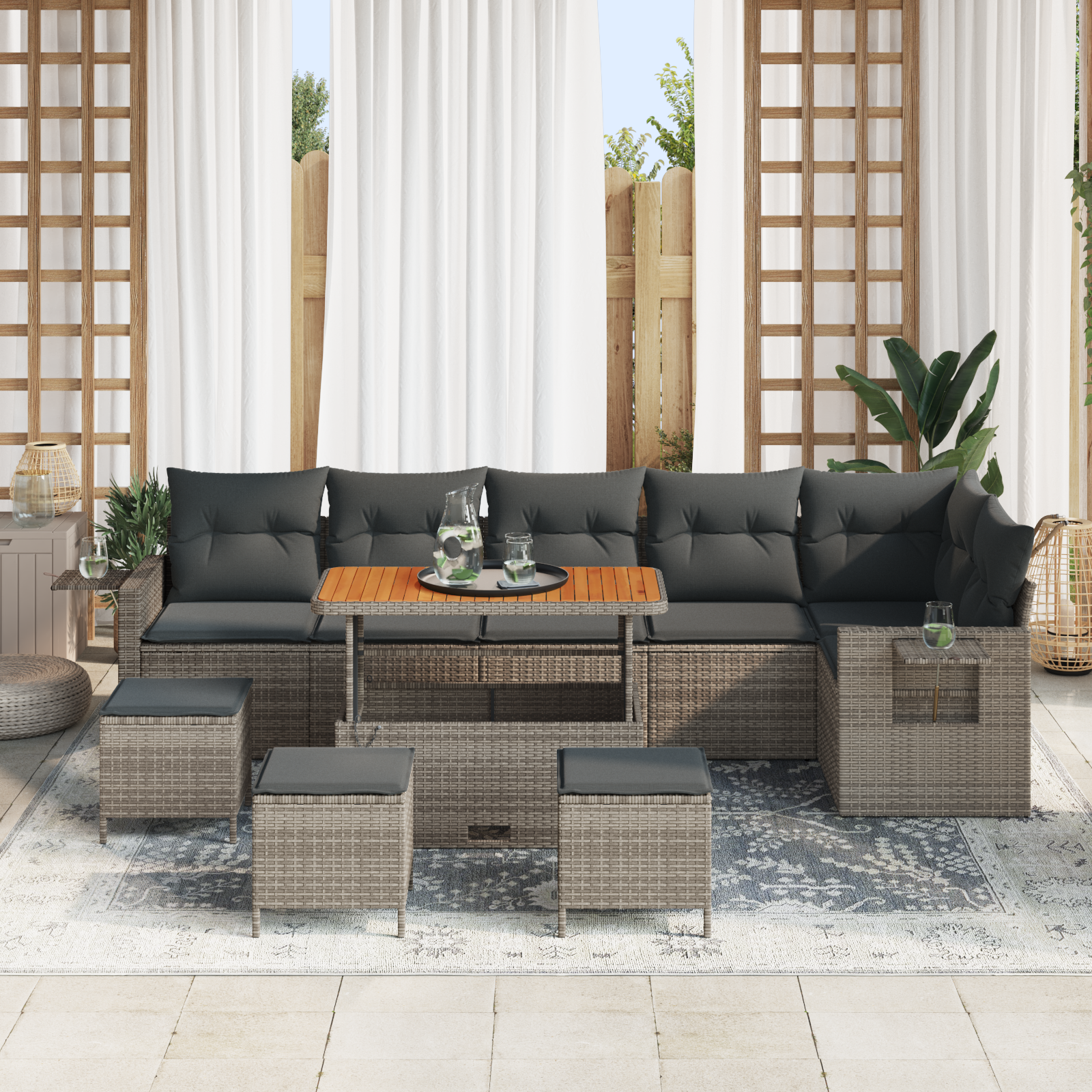 vidaXL 10-delige Tuinbankenset met kussens poly rattan acacia grijs