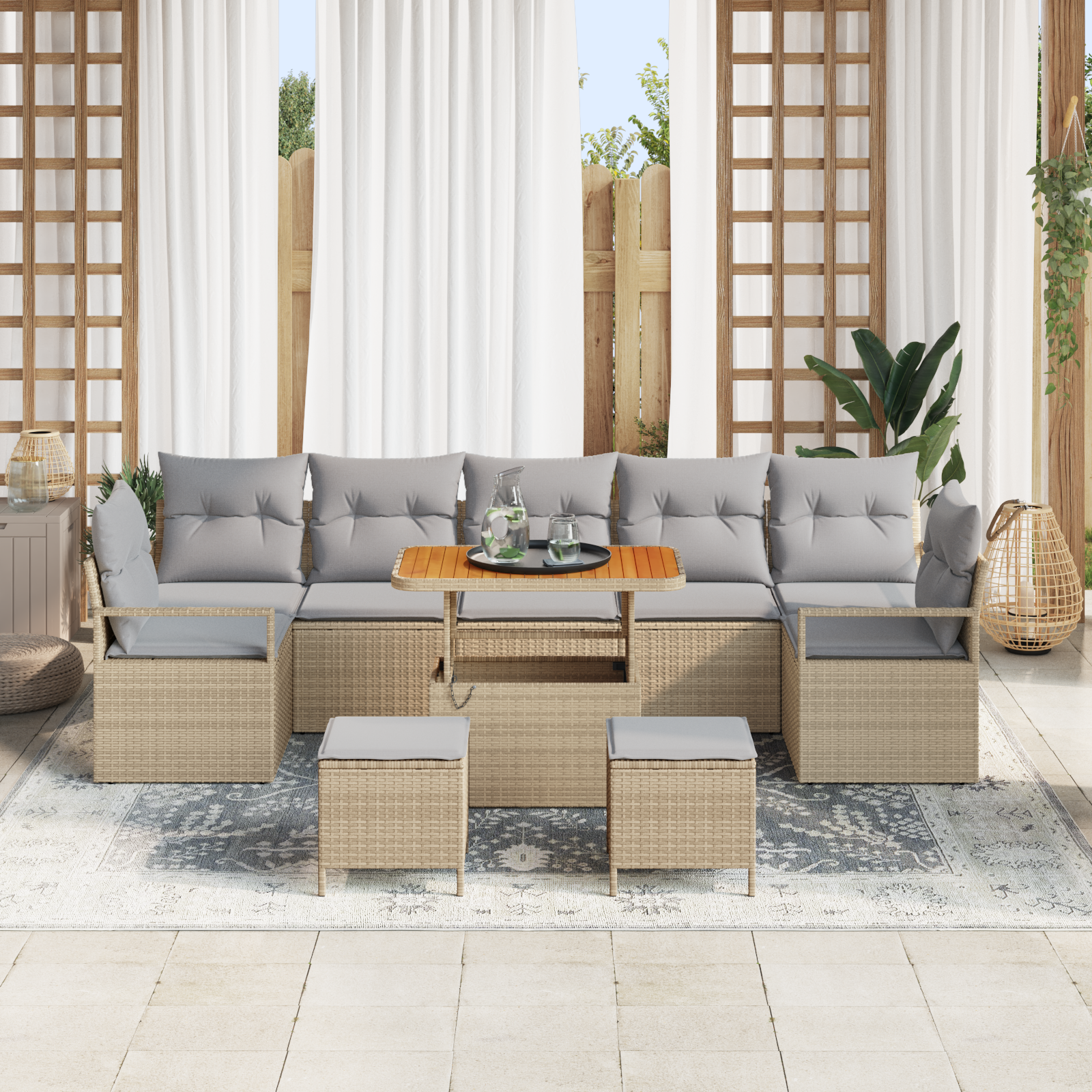 vidaXL 10-delige Tuinbankenset met kussens poly rattan acacia beige