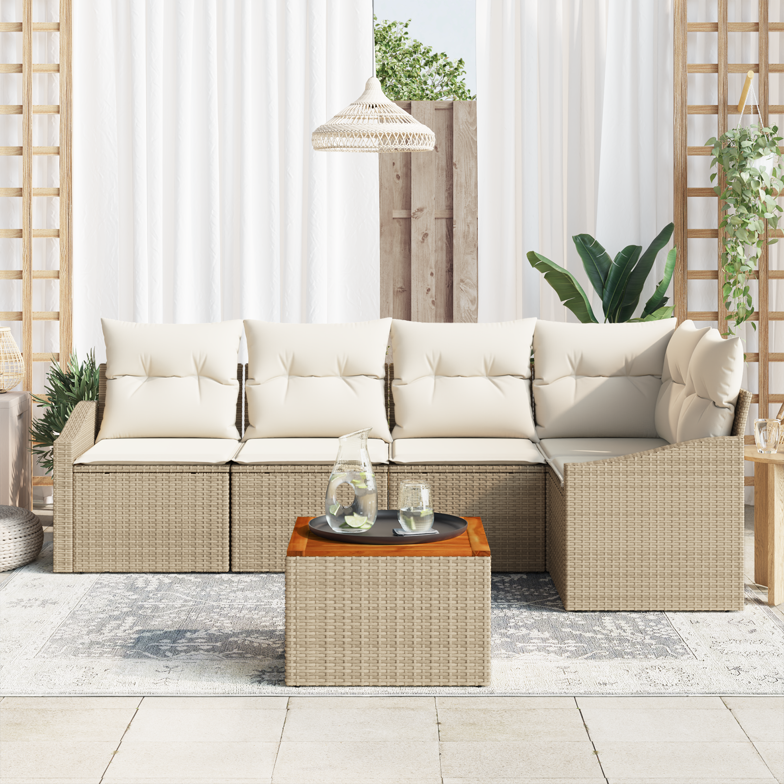 vidaXL 6-delige Tuinbankenset met kussens poly rattan acaciahout beige