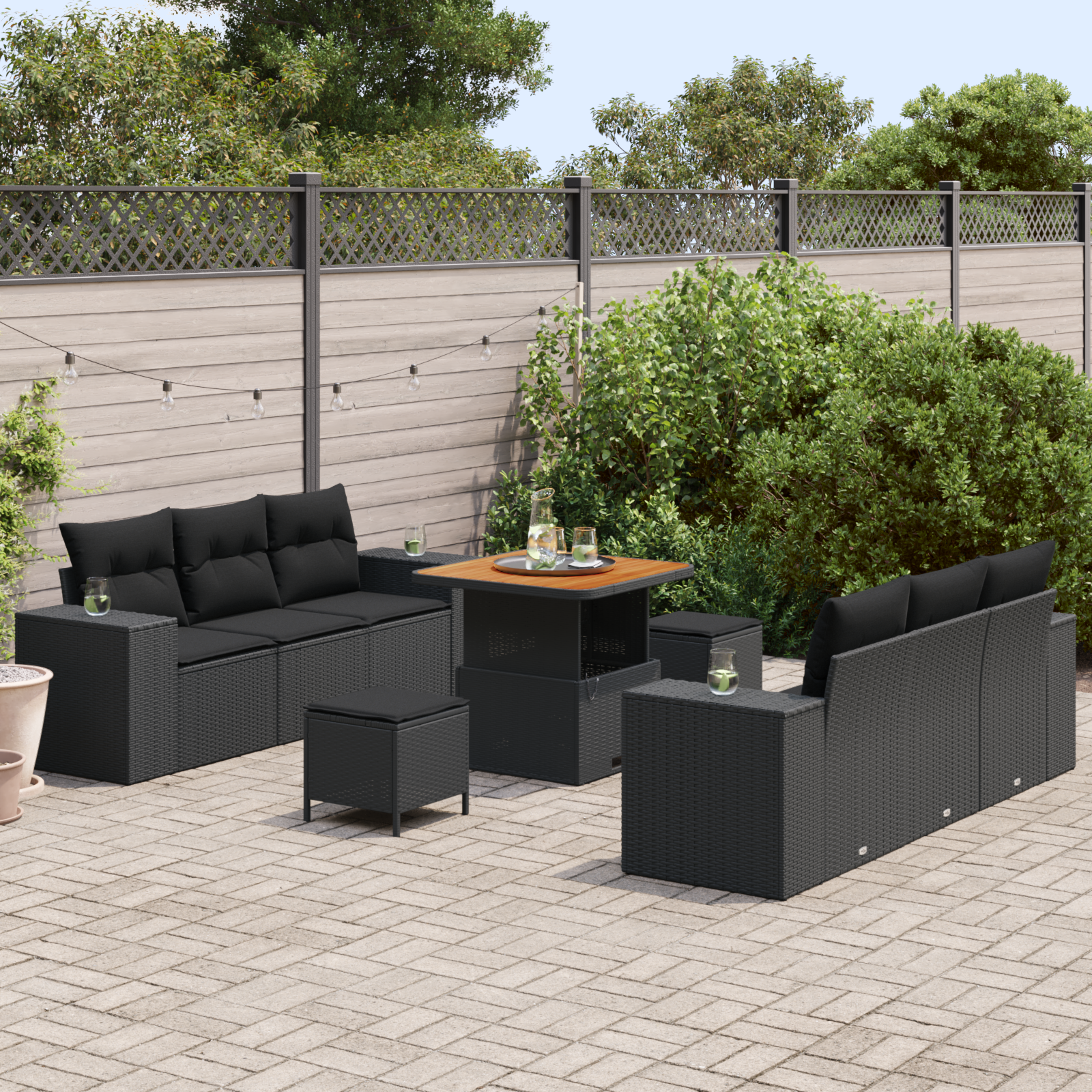 vidaXL 9-delige Tuinbankenset met kussens poly rattan acacia zwart