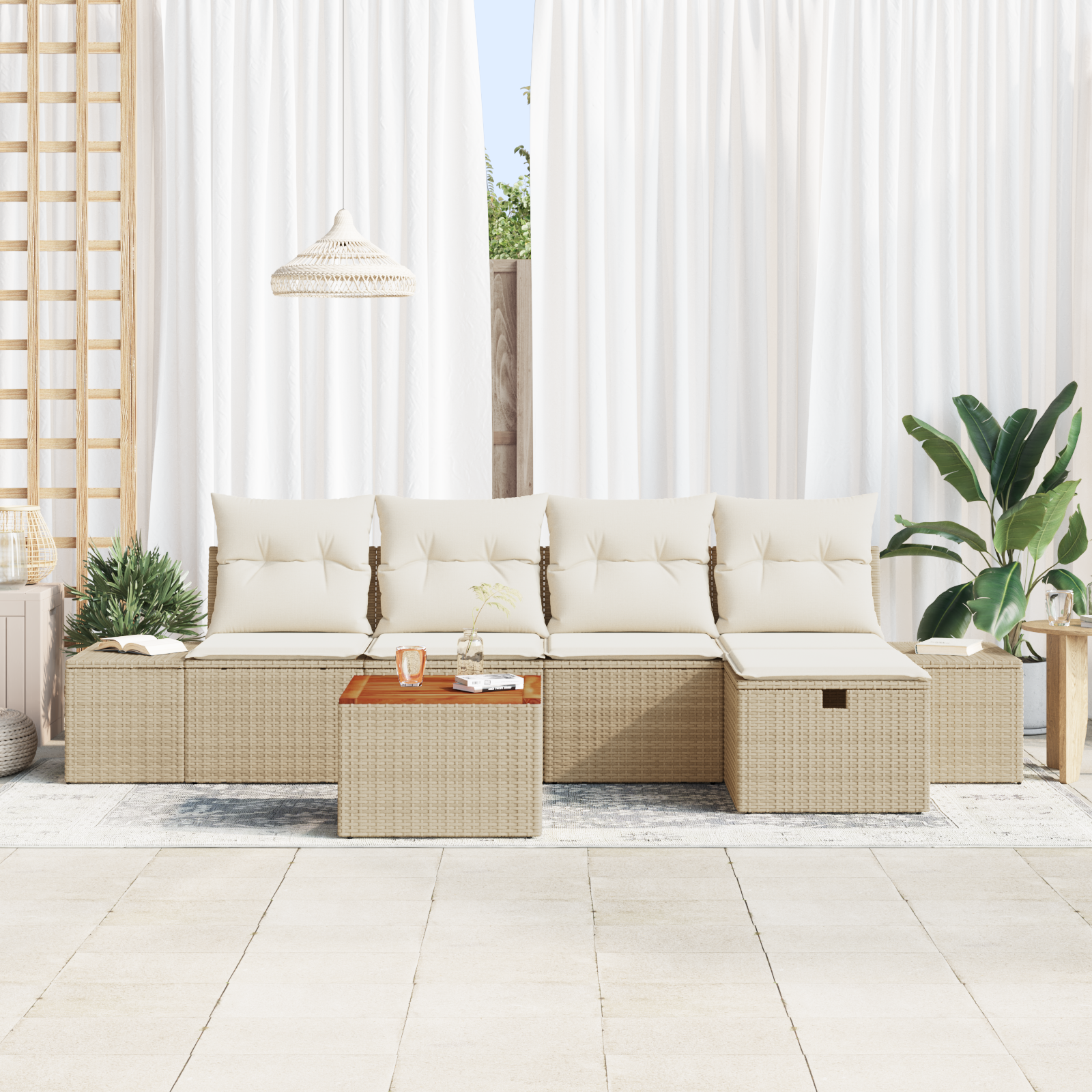 vidaXL 6-delige tuinset met kussens in beige poly rattan