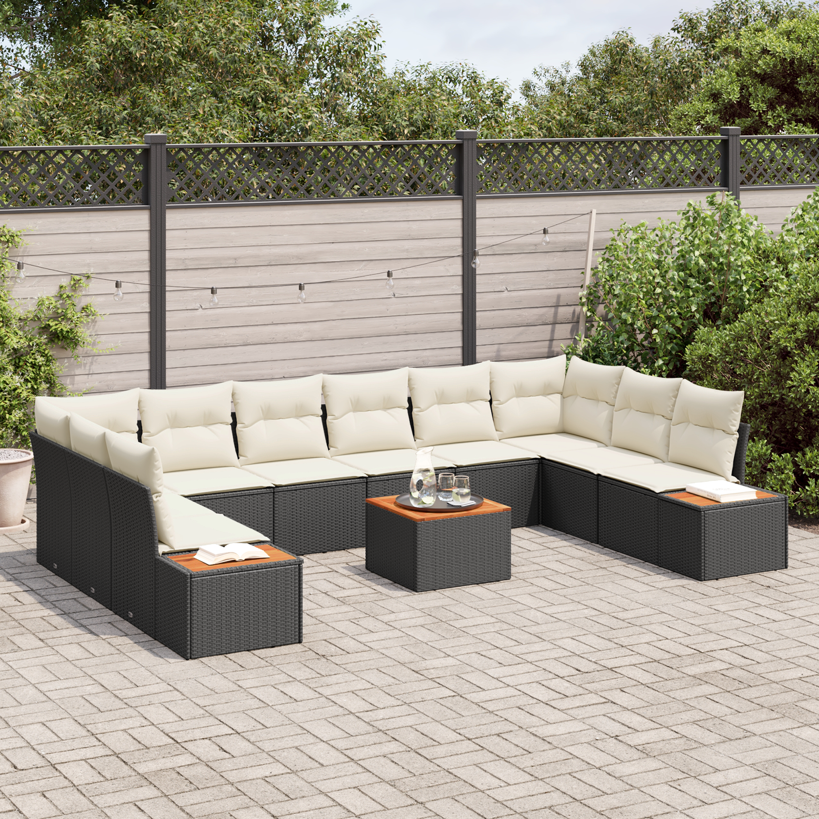vidaXL 11-delige tuinbankset met kussens zwart poly rattan acacia