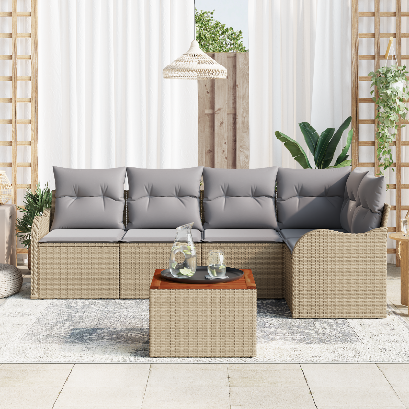 vidaXL 6-delige Tuinbankenset met kussens poly rattan acacia beige