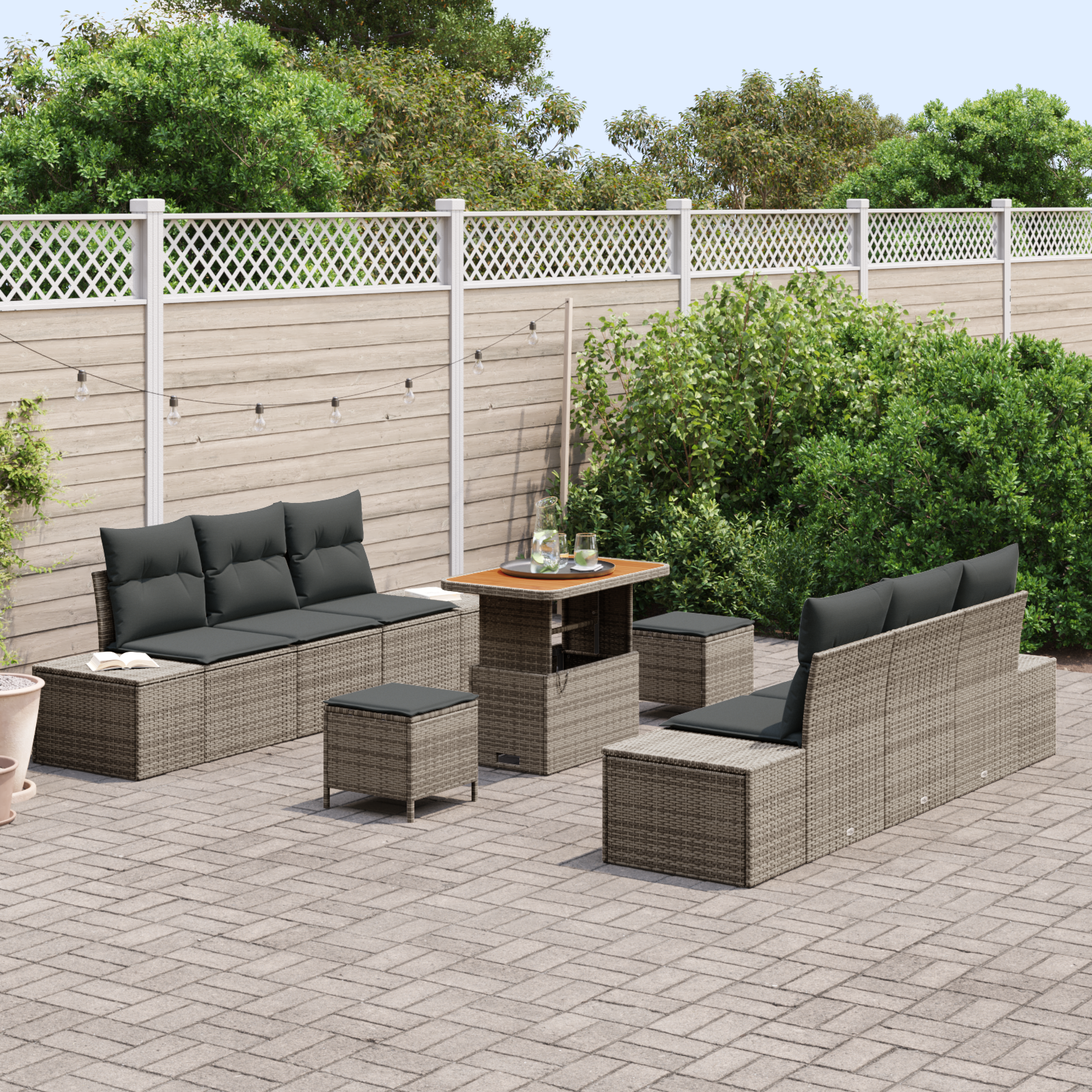 vidaXL 9-delige Tuinbankenset met kussens poly rattan acacia grijs