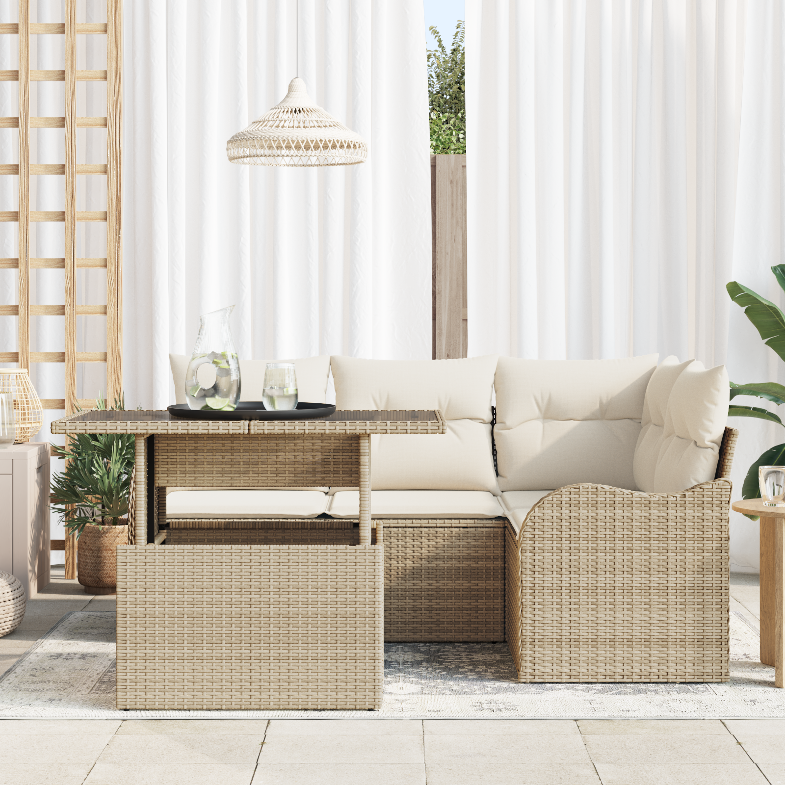 vidaXL 5-delige Tuinbankenset met kussens poly rattan beige