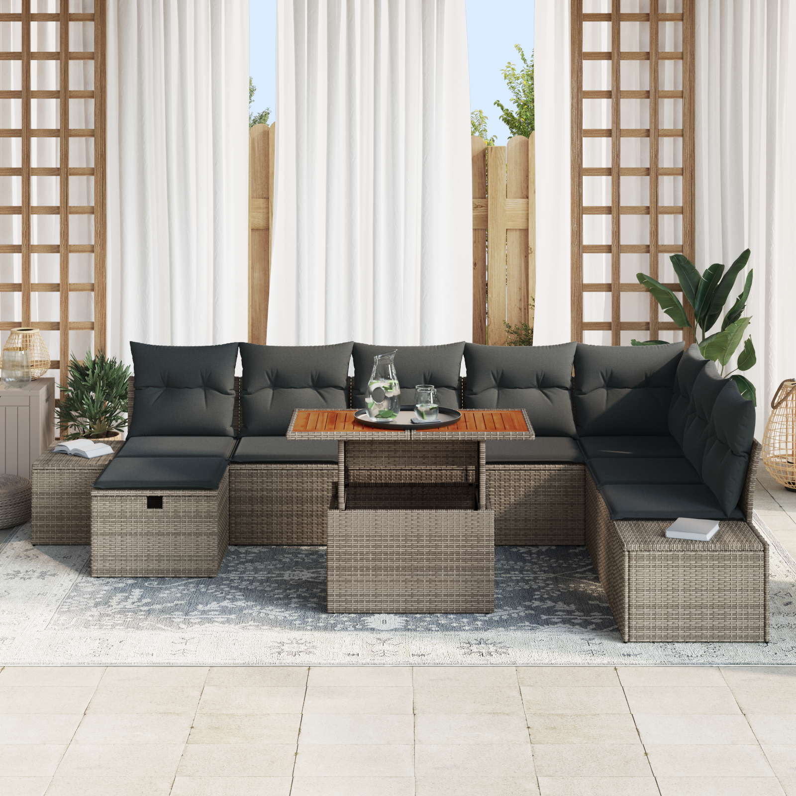 vidaXL 9-delige Tuinset met kussens poly rattan en acaciahout grijs