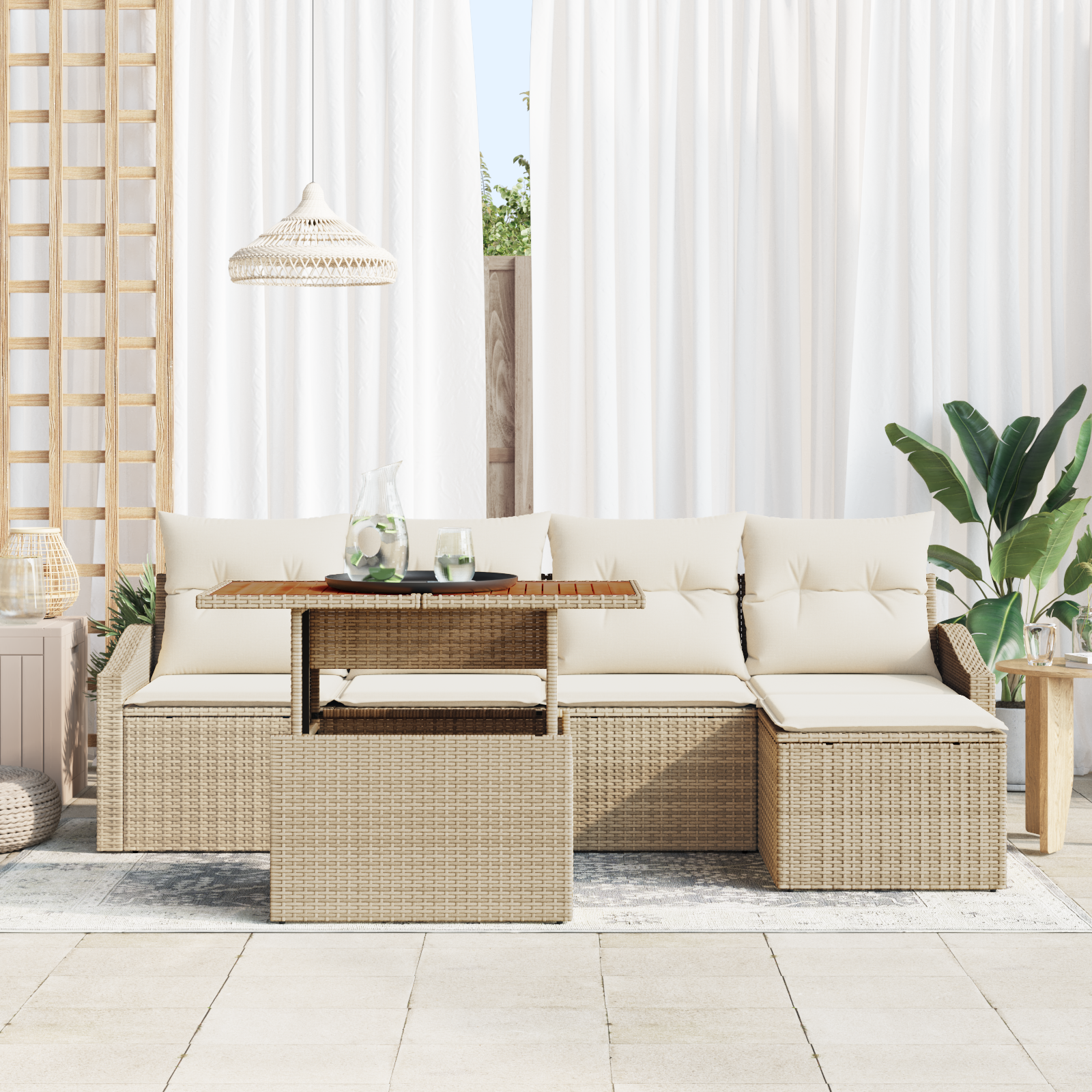 vidaXL 6-delige tuinset met kussens in beige poly rattan en acacia