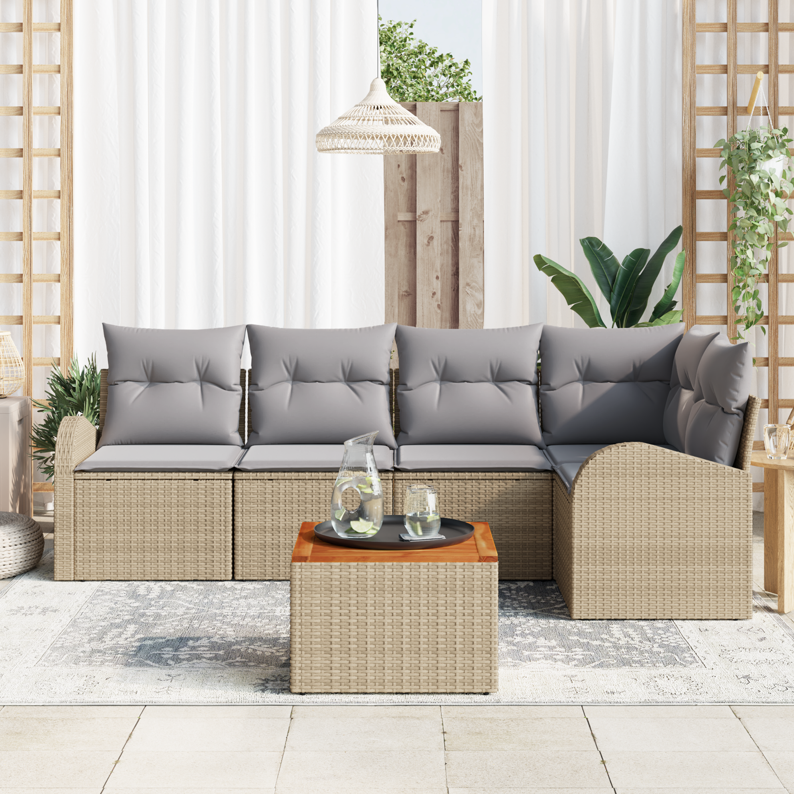 vidaXL 6-delige tuinbankset met kussens in beige van poly rattan en acaciahout