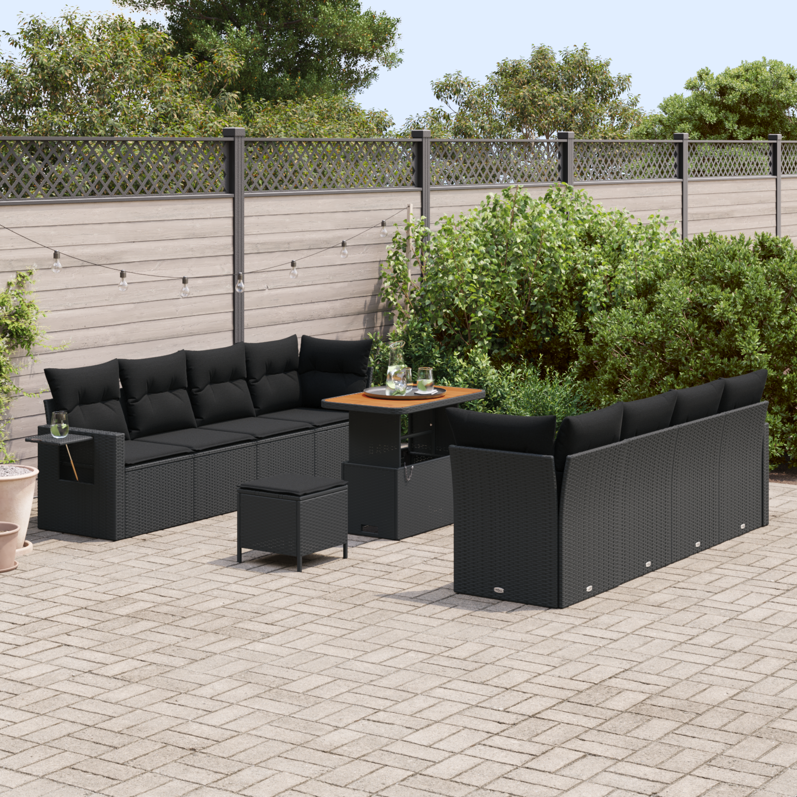 vidaXL 11-delige ligbed set met kussens zwart poly riet acacia