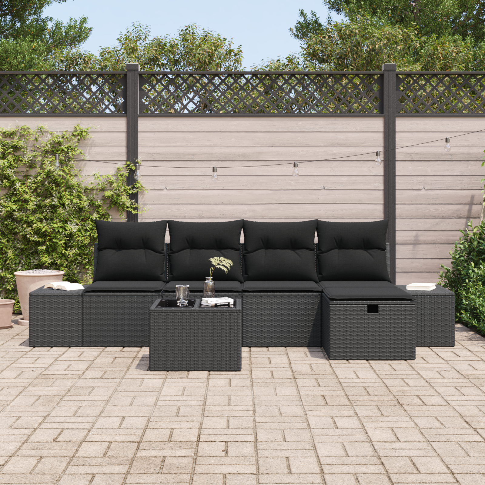 vidaXL 6-delige tuinset met kussens zwart poly rattan