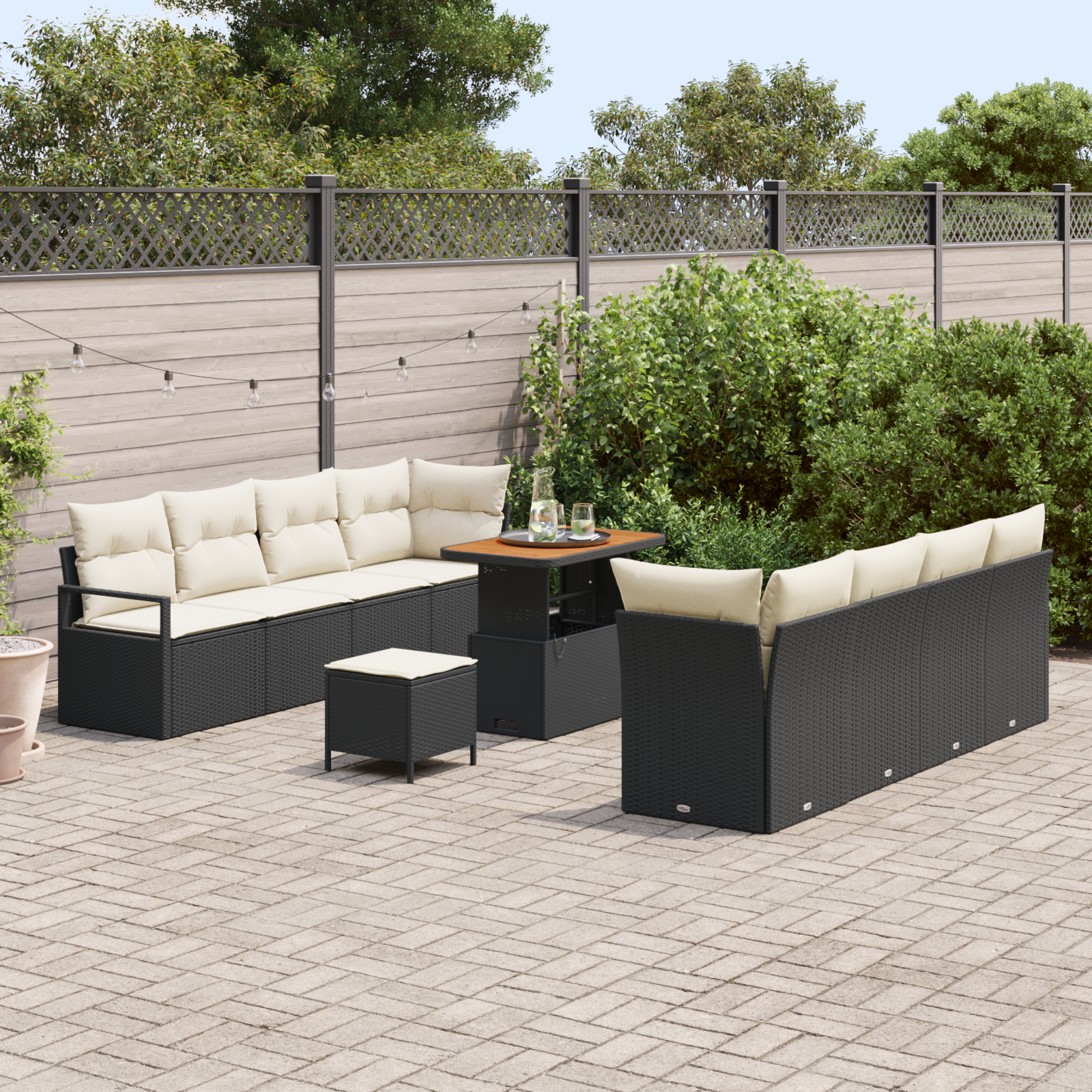 vidaXL 11-delig tuinbankstel met kussens zwart poly rattan acacia