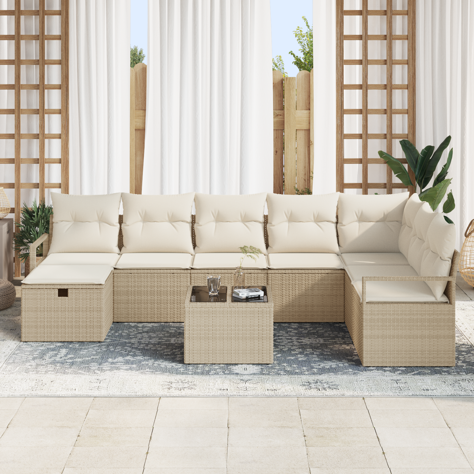 vidaXL 9-delige ligbed set met kussens in beige poly rattan