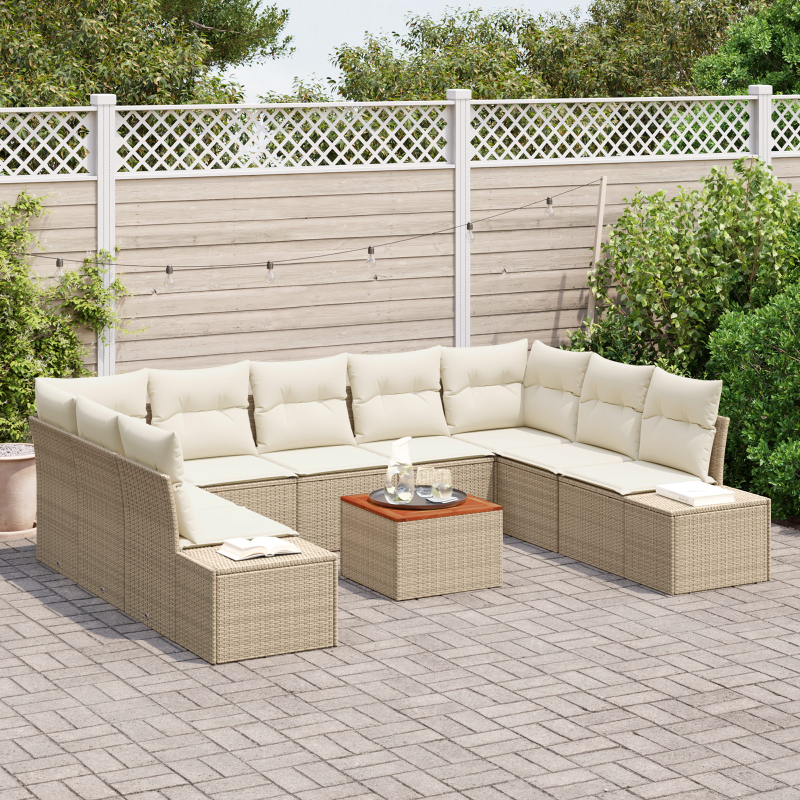 vidaXL 10-delige tuinset met kussens in beige poly rattan en acacia