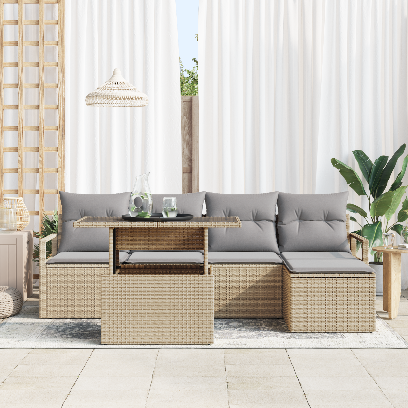 vidaXL 6-delige Tuinbankenset met kussens poly rattan beige